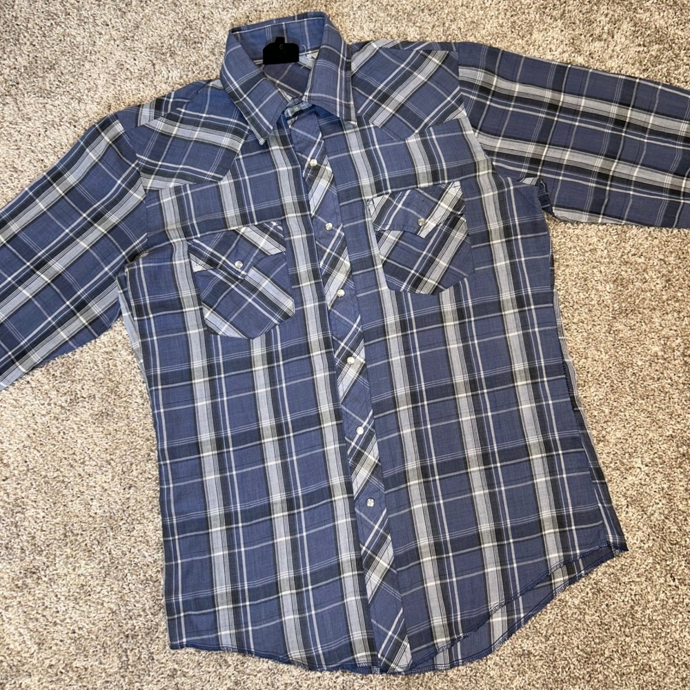 Vintage Champion‎ Westerns Pearl Snap Shirt Men Size 15.5-34 Blue Plaid Cowboy